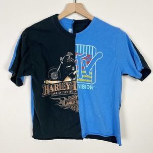 Harley Davidson MTV Homemade Cropped Tee Blue Black Motorcycle Upcycle